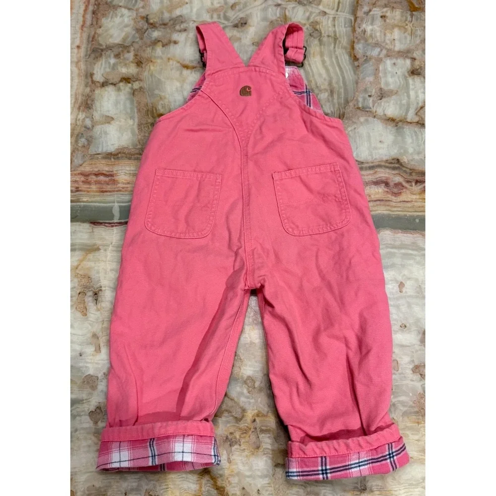 Carhartt Kids Flannel Canvas Bib Overalls Pink Lemonade Lining‎ Plaid Size 2T